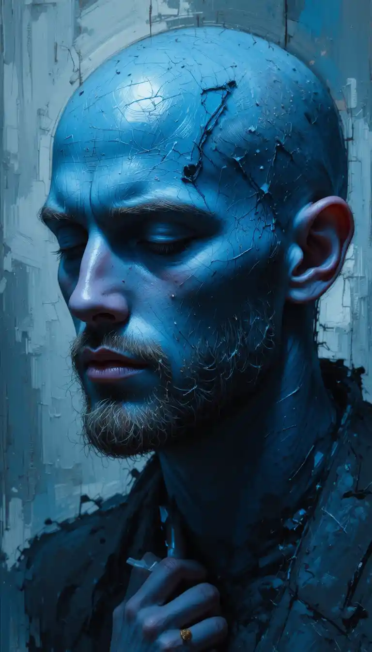 Retrato de hombre calvo de piel azul con expresión contemplativa