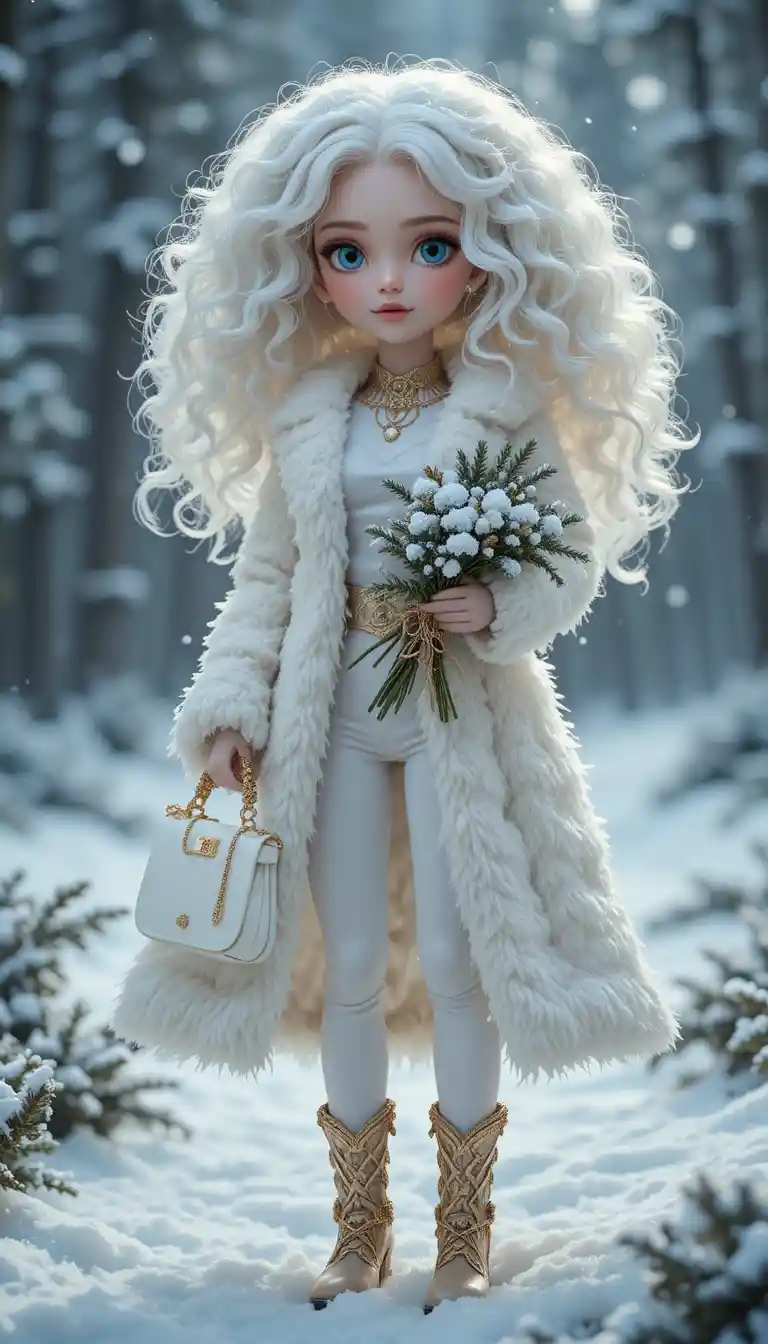 Elegant doll like woman in white coat in snowy forest