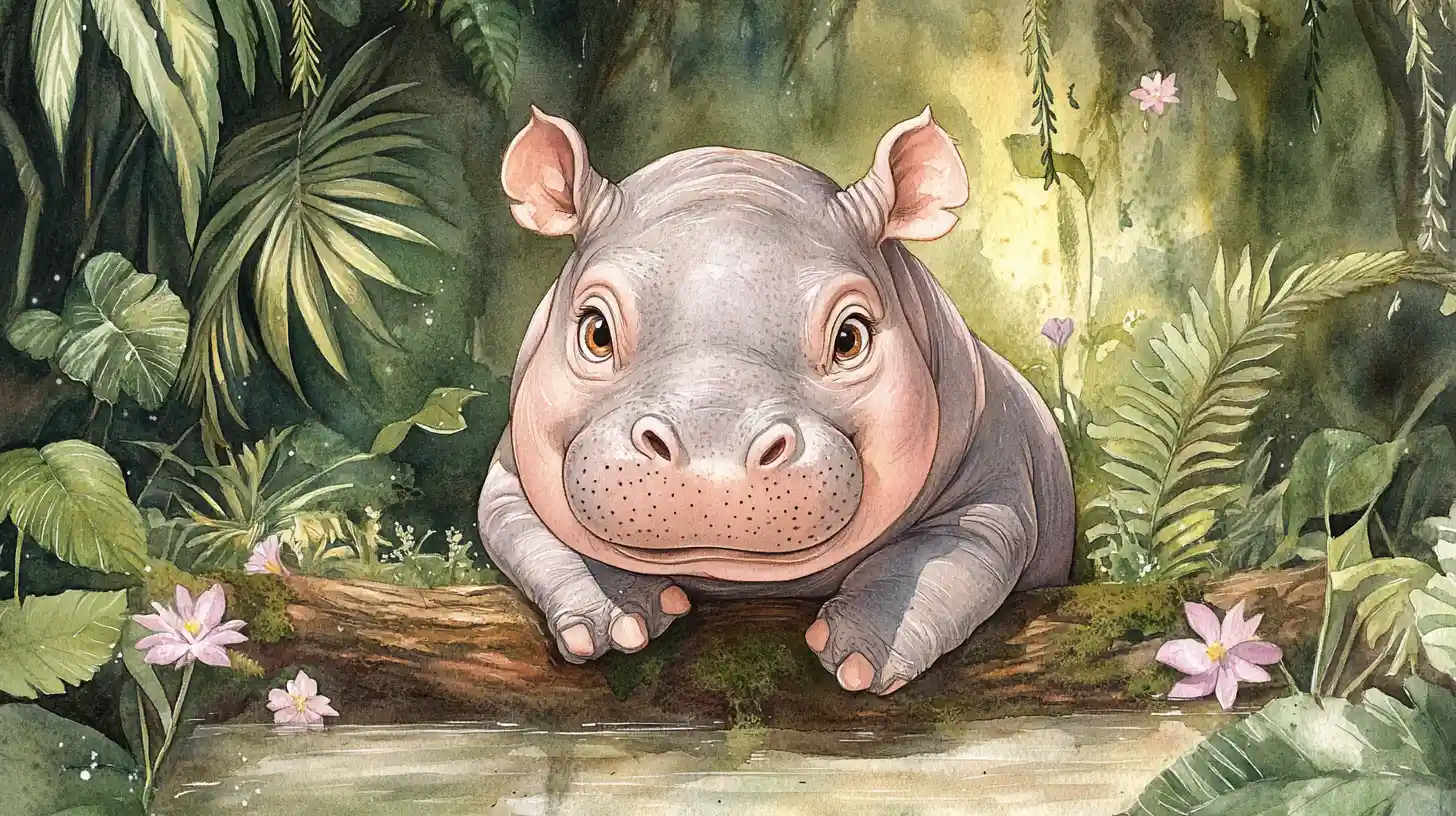 Cute baby hippo on jungle log in watercolor illustration
