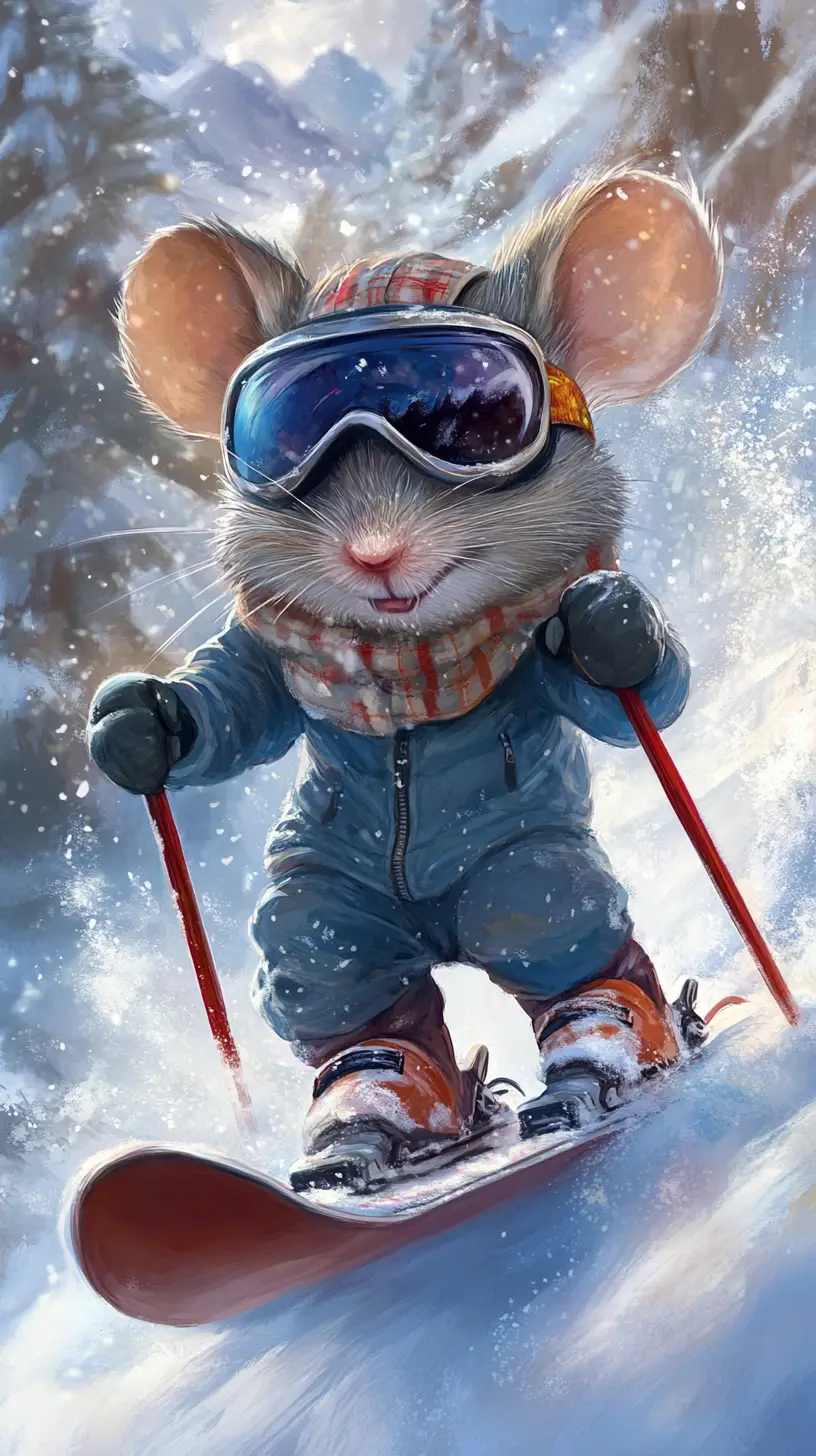 Cute skiing mouse with goggles in snowy winter landscape