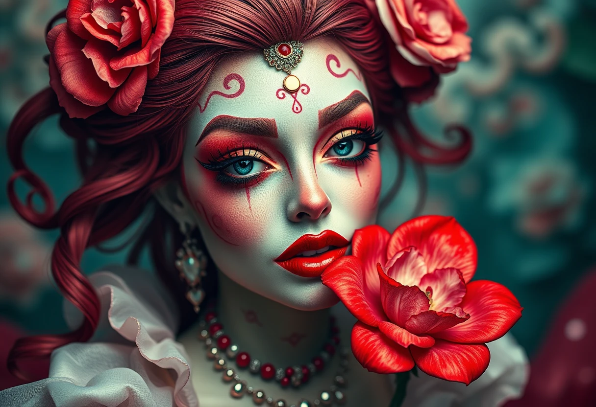 Donna fantasy stravagante con rossetto rosso e fiore