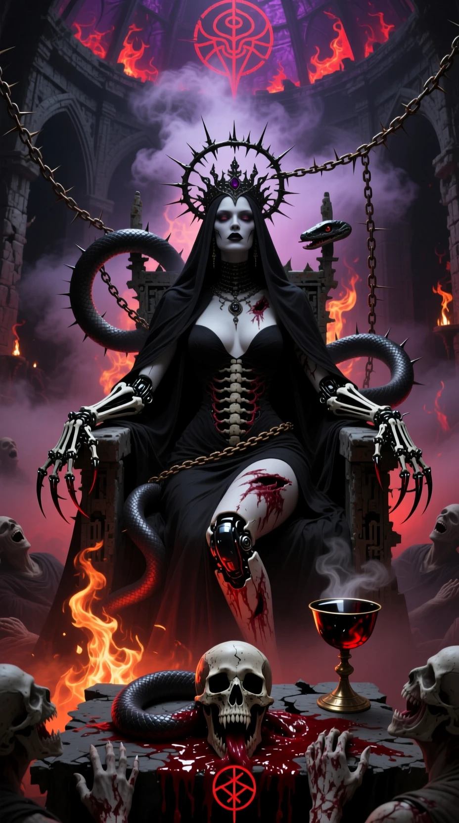 Thorn crowned shaman queen on a biomechanical bone throne