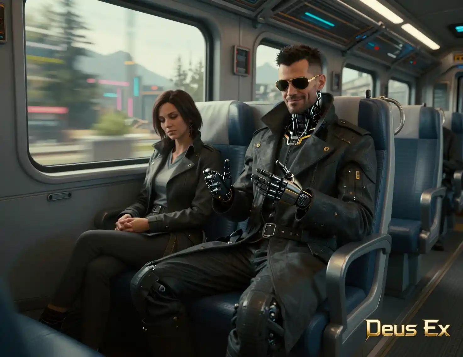 Homme augmenté dans un train futuriste baigné d’une douce lumière du jour