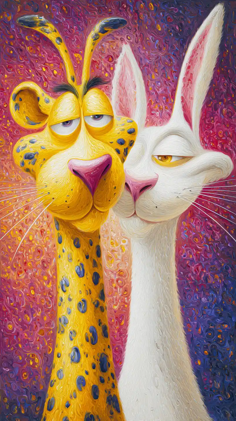Surreal painting of leopard and white cat in bright colors