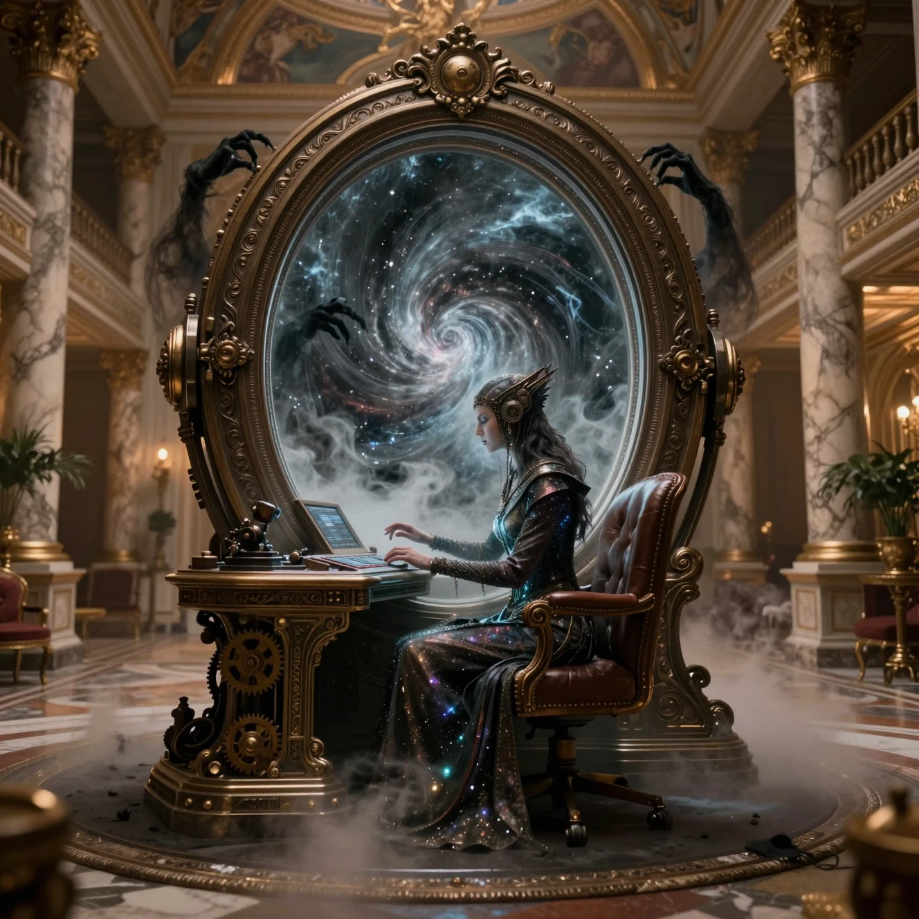 Portal de fantasía cinematográfica en un opulento palacio clásico