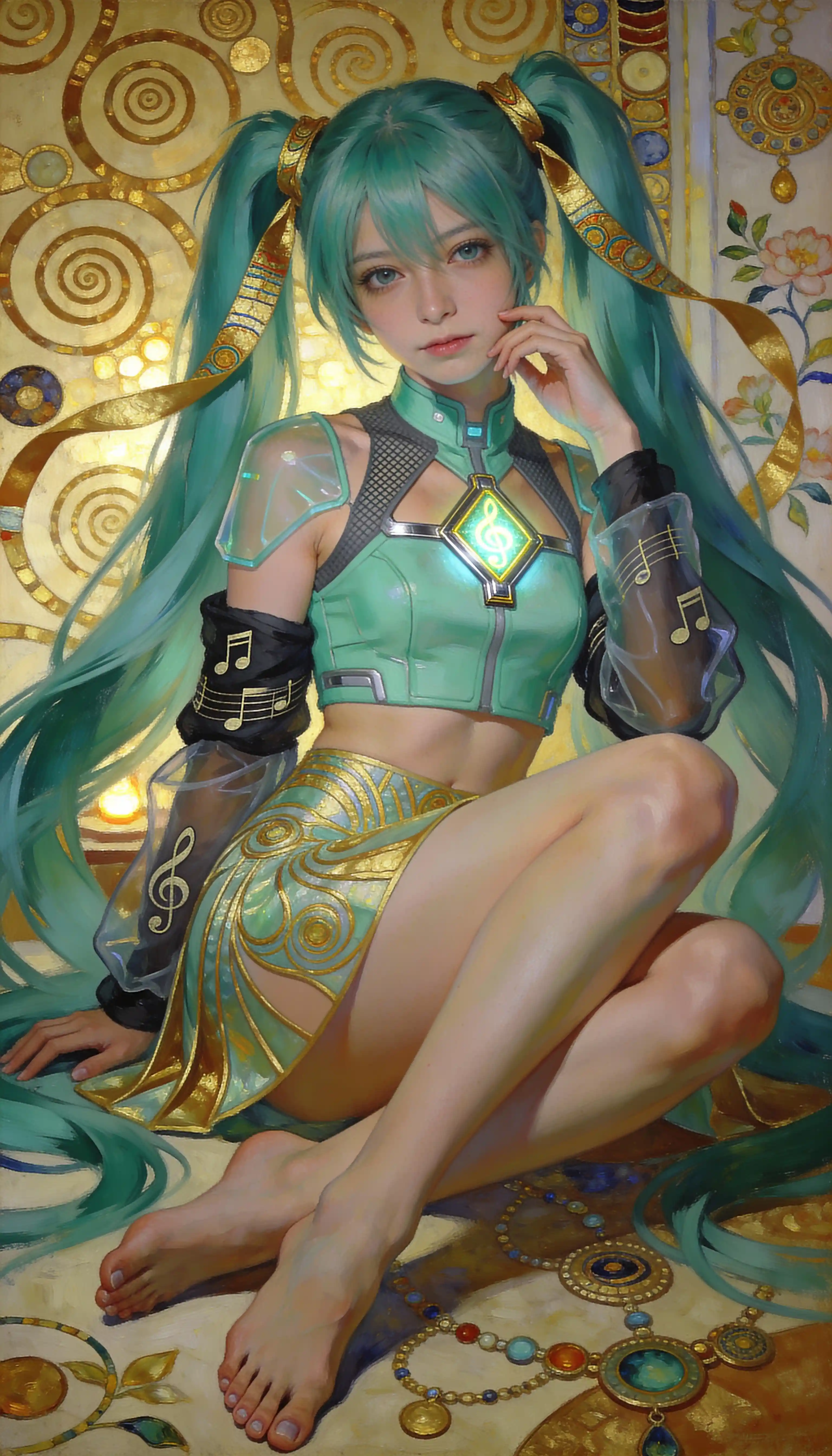 Graceful anime girl seated against ornate golden patterns