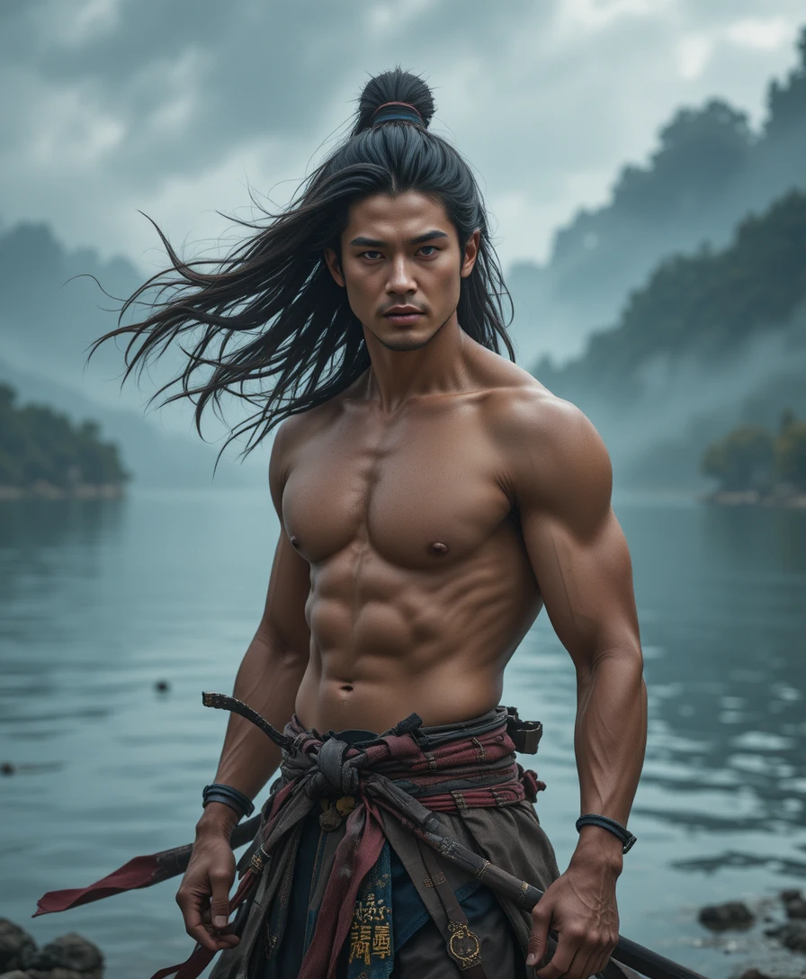 Muskulöser japanischer Samurai an einem ruhigen, nebligen Seeufer