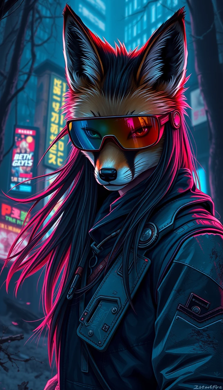 Zorro cyberpunk con visor reflectante en un bosque neón