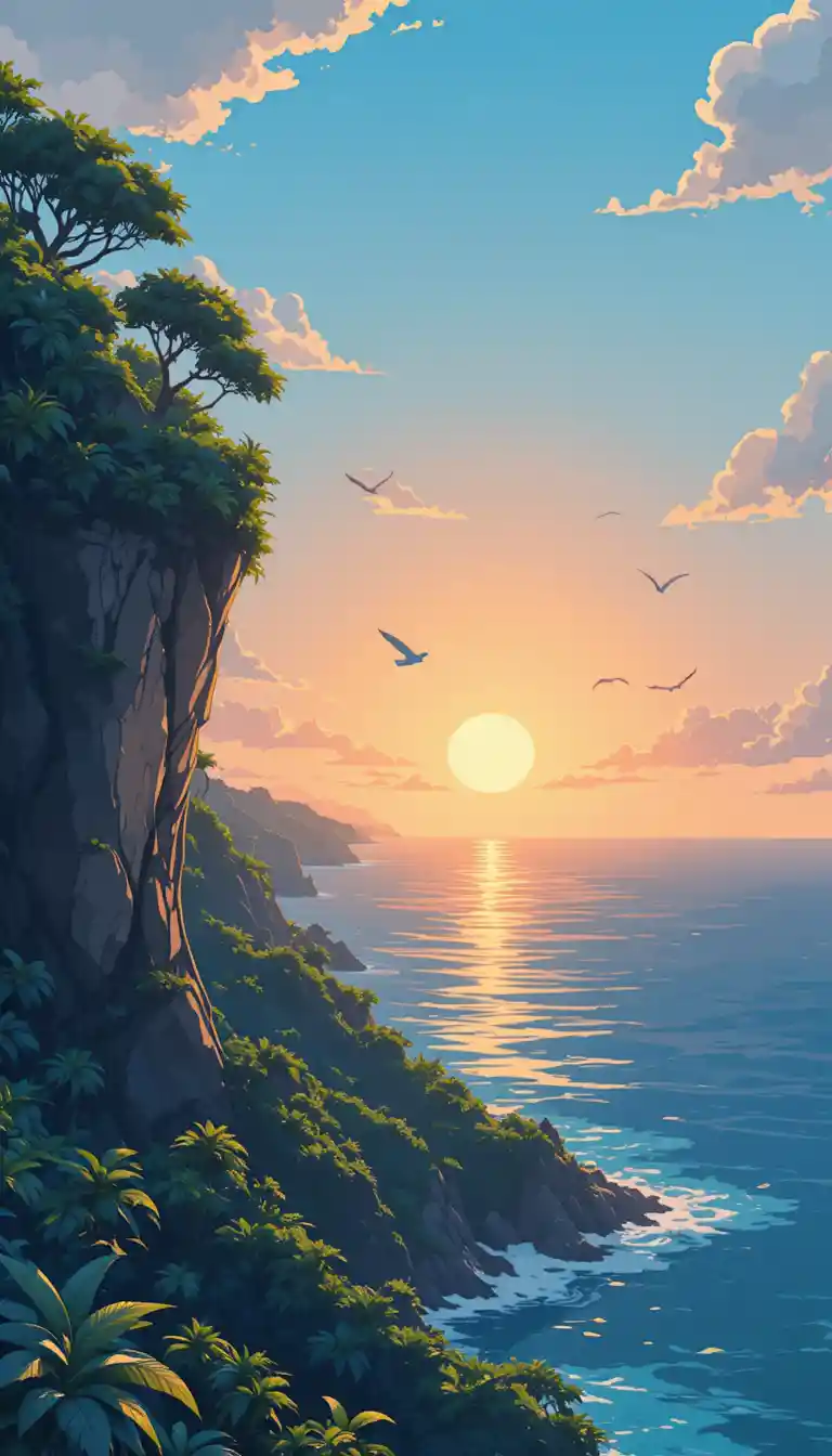 Foresta tropicale su scogliera con vista sul vasto oceano al tramonto