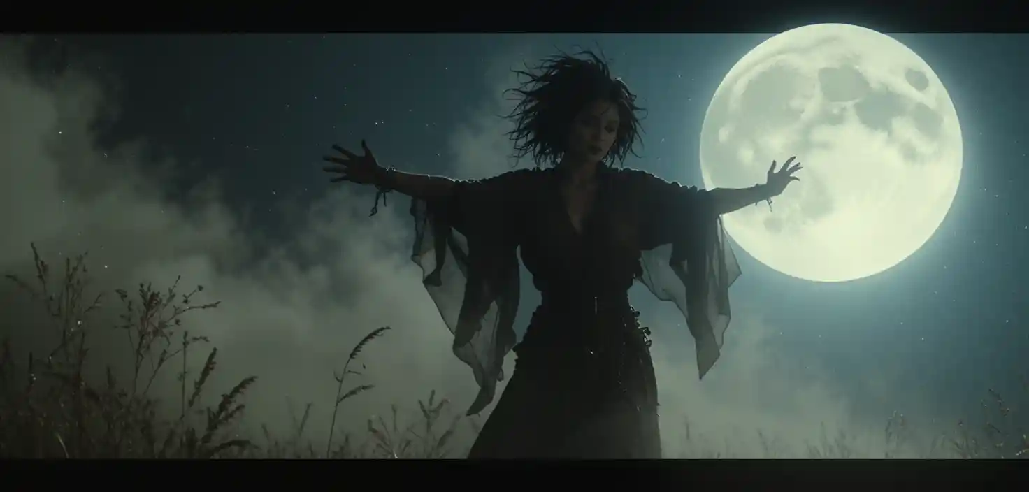 Cinematic wide night scene with dramatic moon backlighting