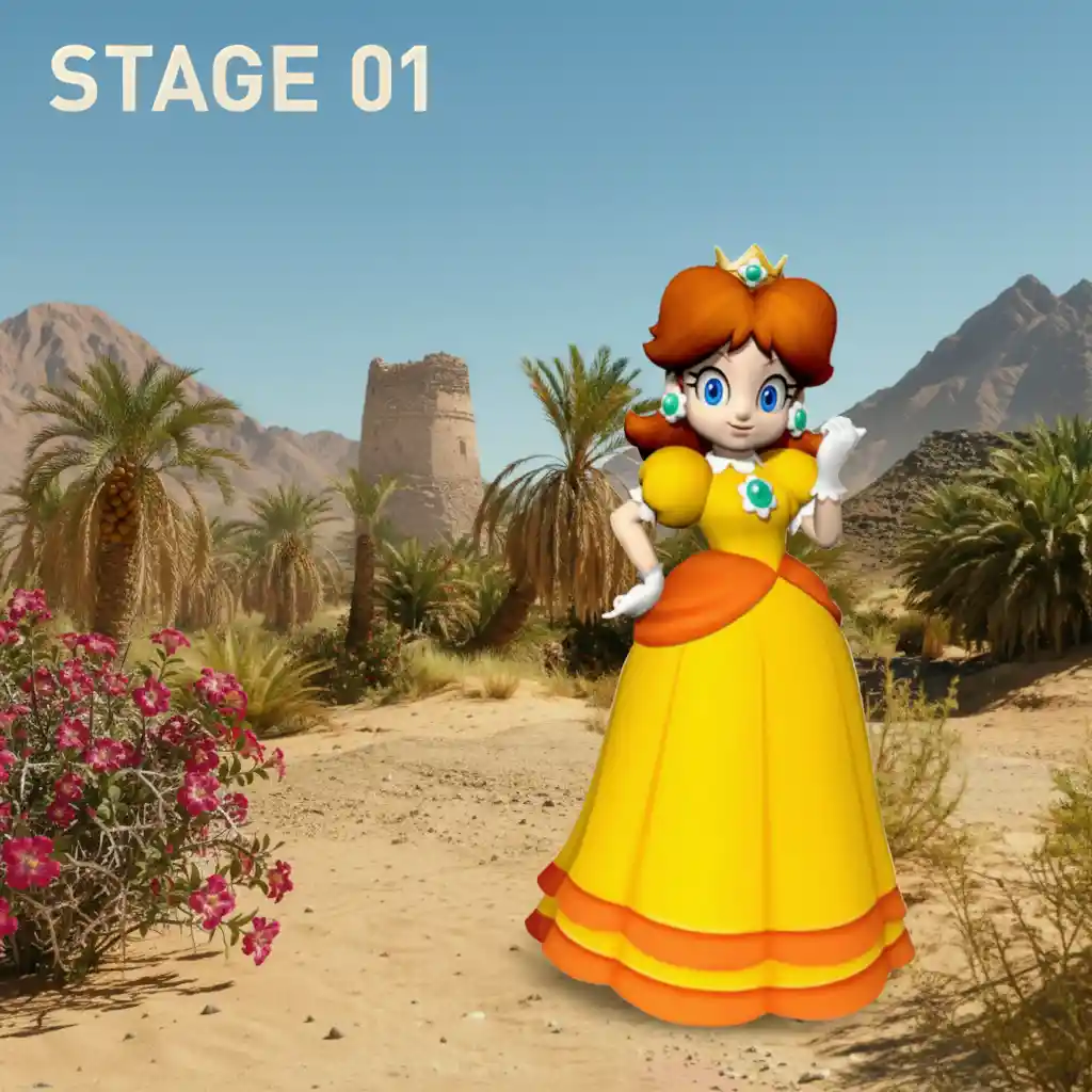 Principessa fantasy in piedi sulle dune sabbiose vicino a un'antica torre