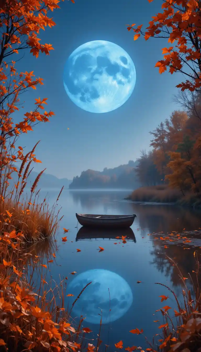 Calmo lago autunnale con barca a remi sotto la luminosa luna del raccolto