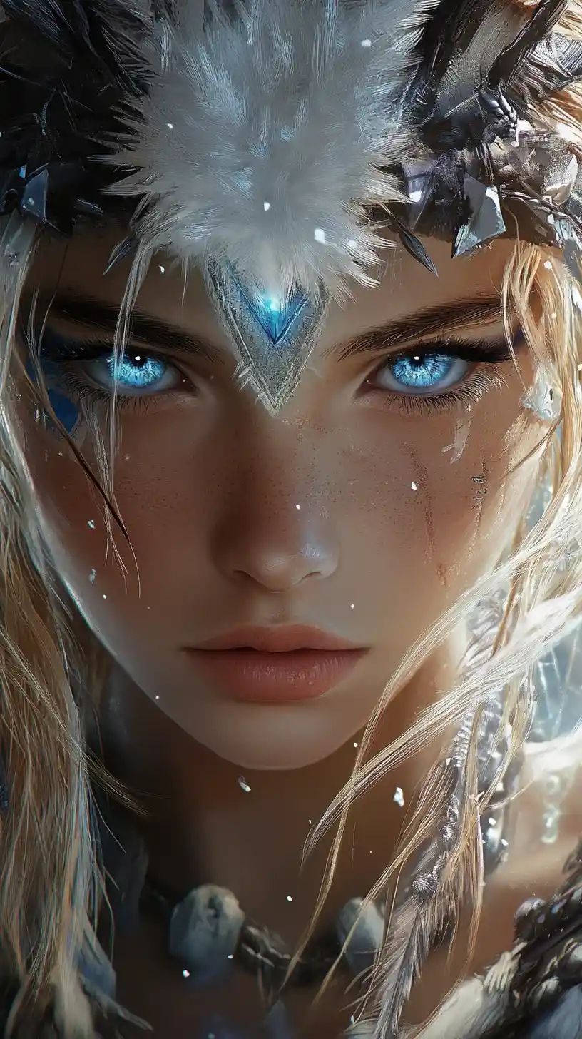 Determined anime warrior girl with azure eyes and headdress