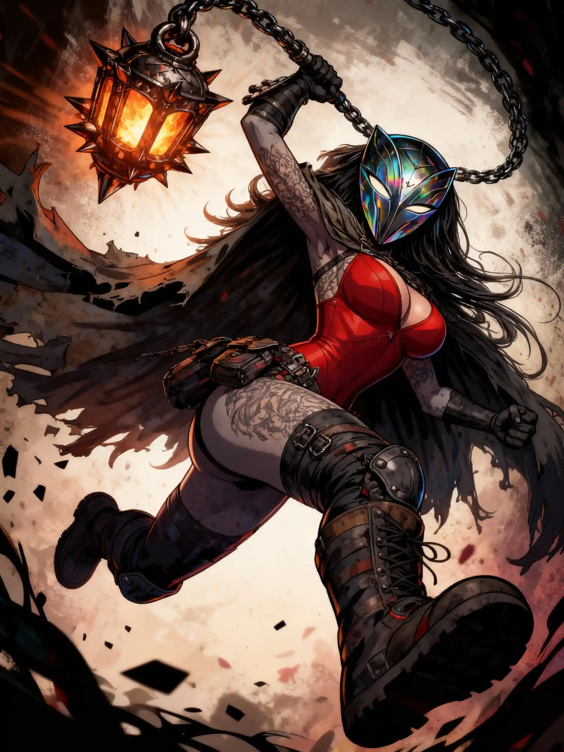Masked horror punk woman mid leap with spiked flail