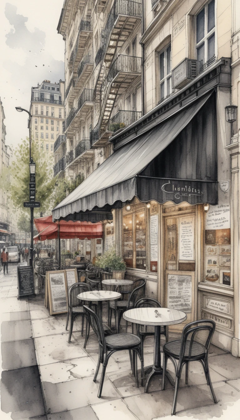 Pariser Caféstraße mit detailreicher Aquarellarchitektur