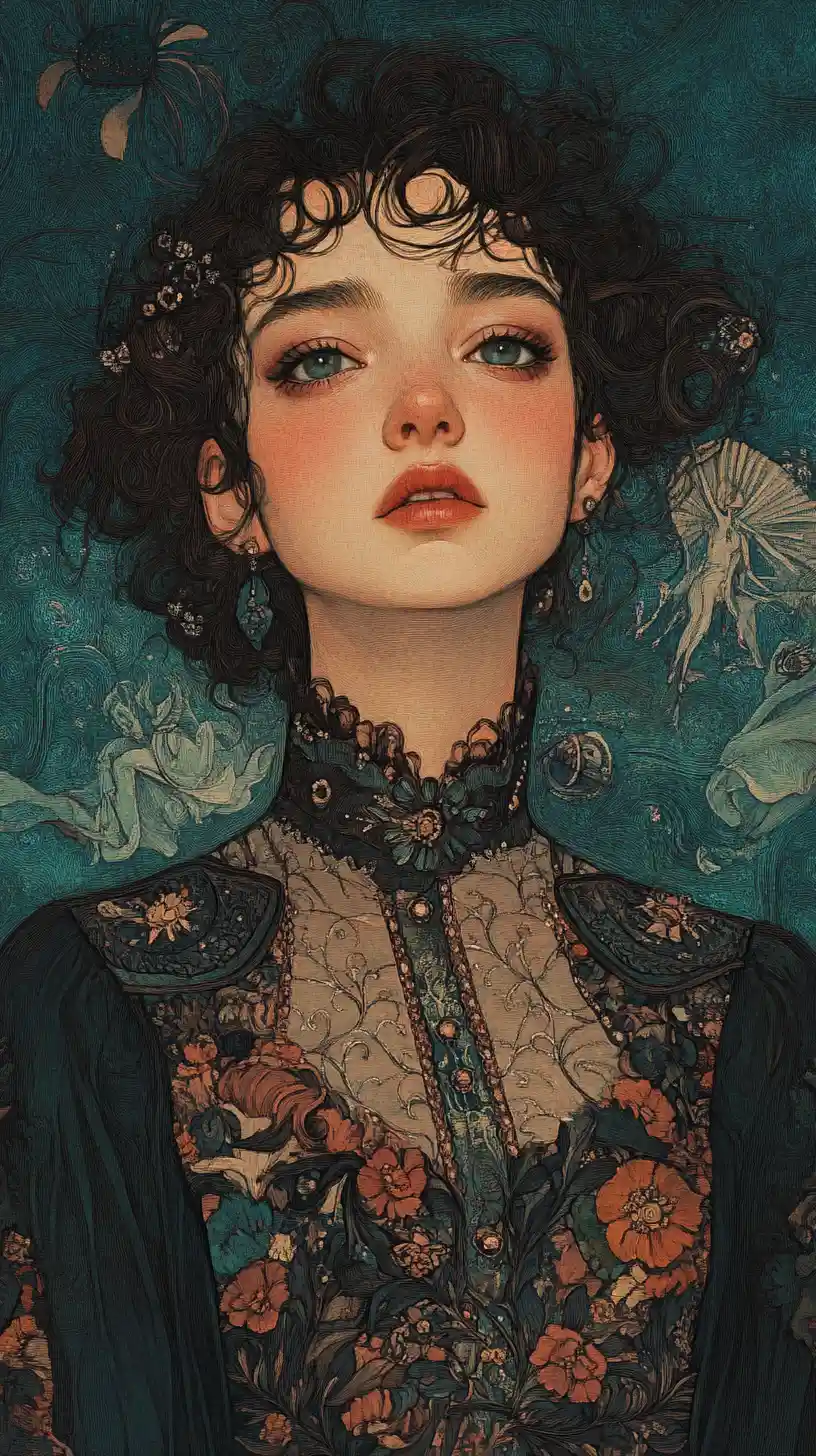 Melancholic young woman in ornate collar within dreamlike patterns