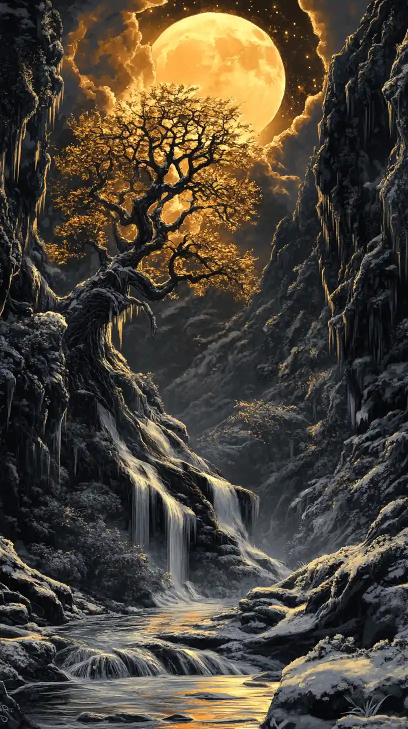 Majestic fantasy tree above waterfalls under a golden sky
