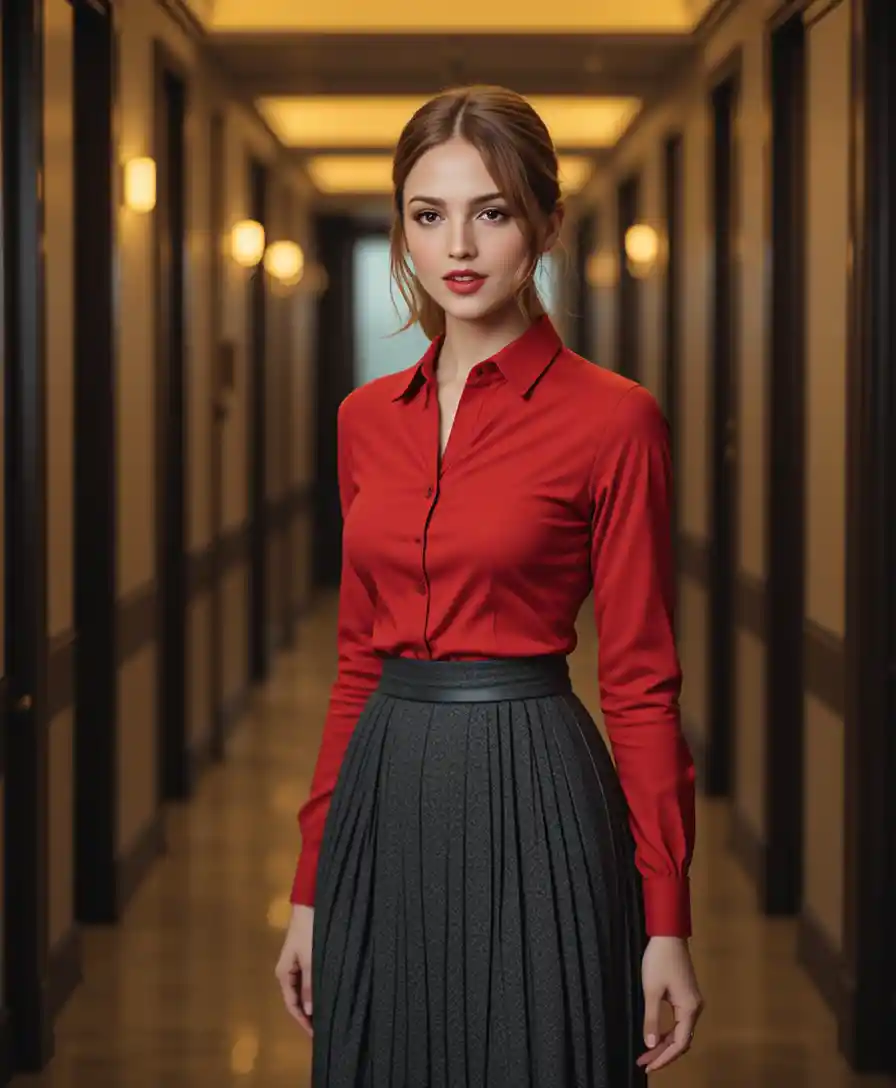 Young blonde woman walking in warm indoor corridor
