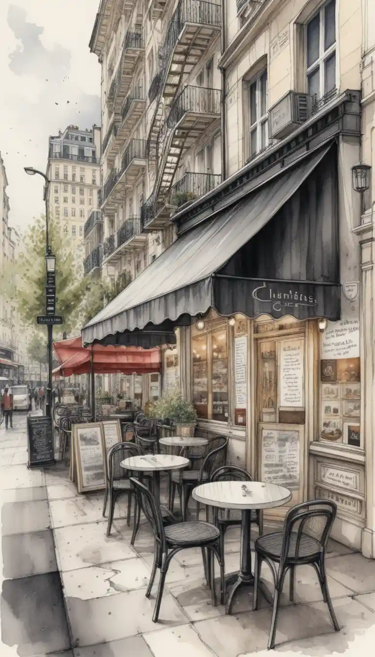 Pariser Caféstraße mit detailreicher Aquarellarchitektur