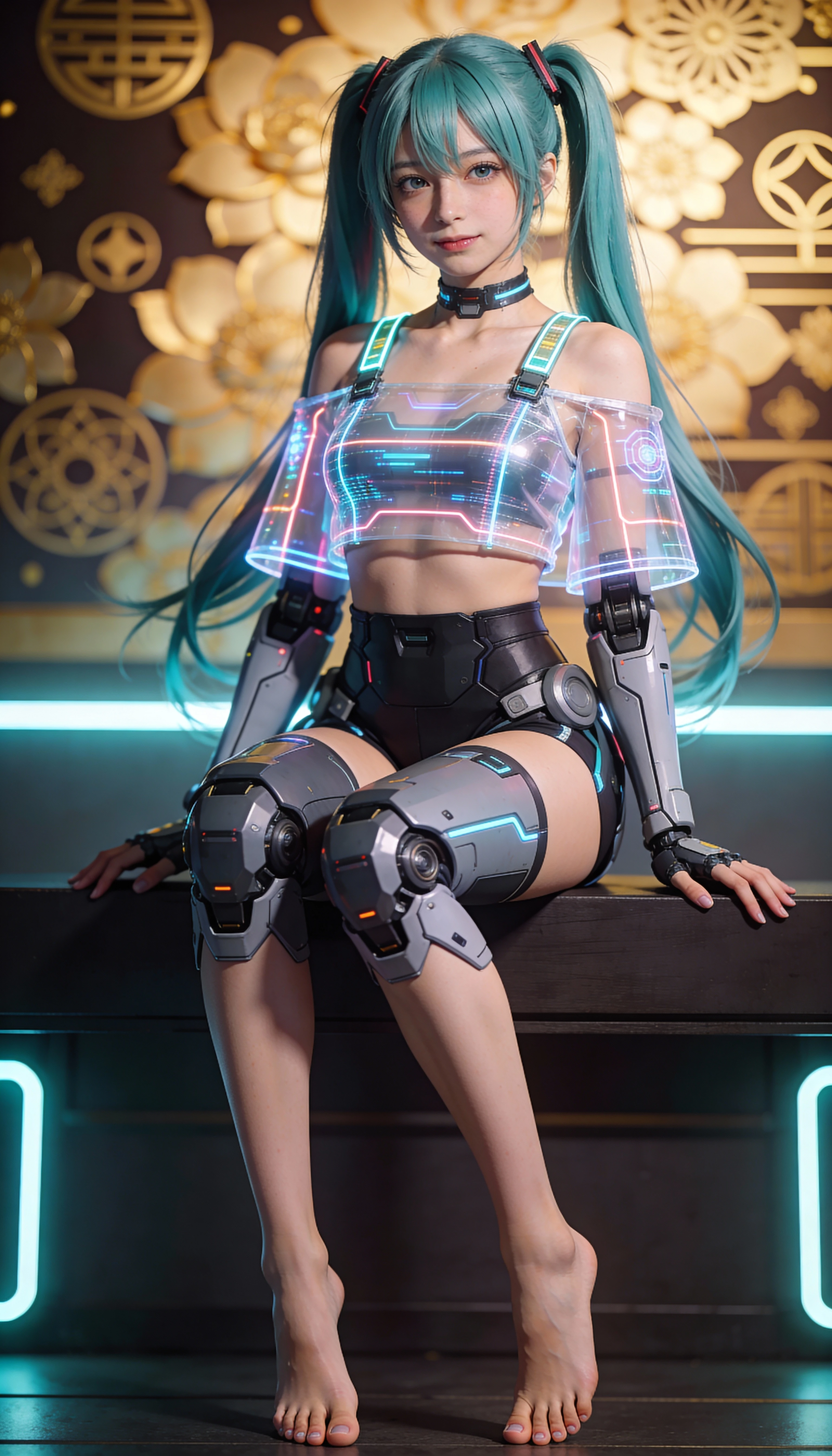 Garota de anime sentada em traje futurista com olhar suave