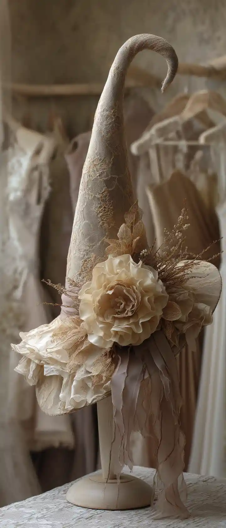 Close up of ornate witch hat in vintage lace boutique