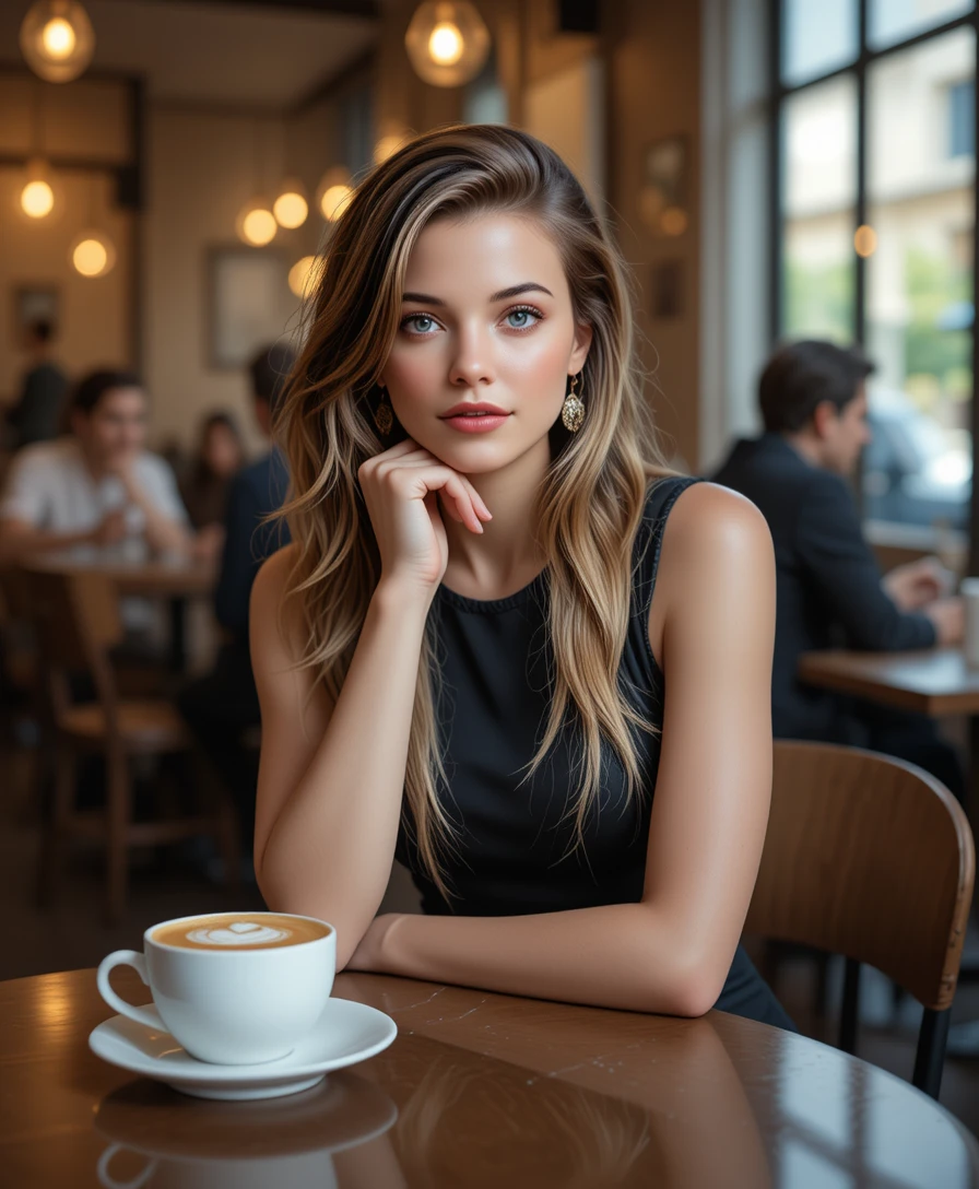 Blonde Frau im schwarzen Kleid sitzt an einem gemütlichen Cafétisch