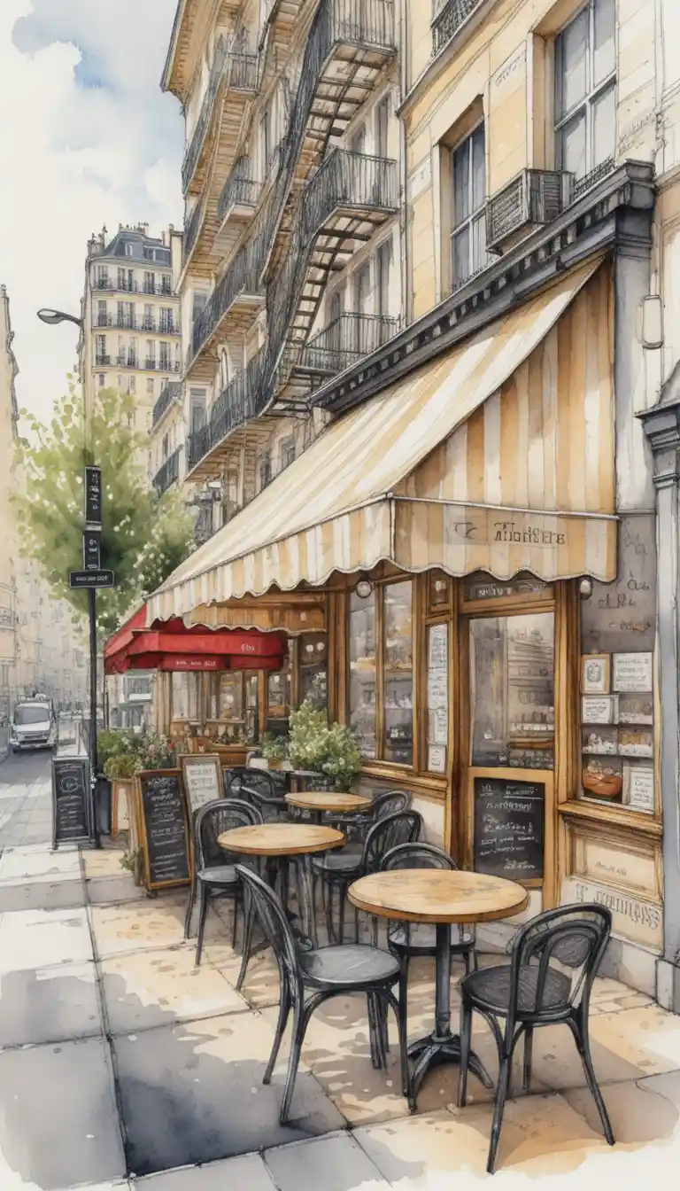 Pariser Straßencafé mit detaillierter architektonischer Aquarellillustration