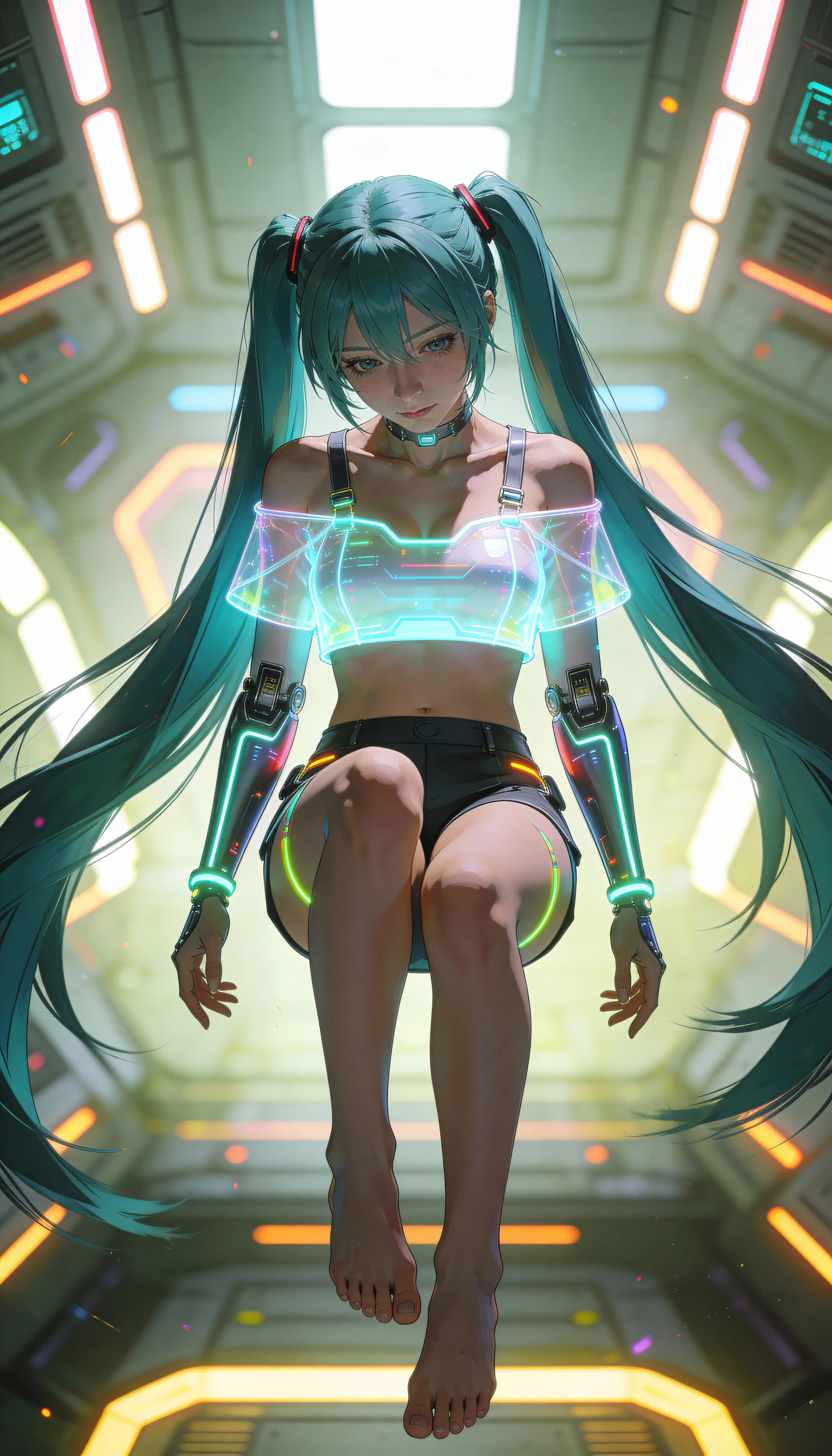Futuristische Anime-Frau schwebt im neonbeleuchteten Raumschiff-Inneren