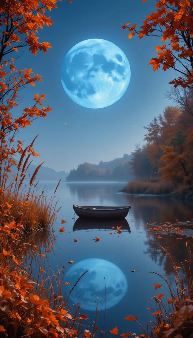 Calm Autumn Lake With Rowboat Under Bright Harvest Moon