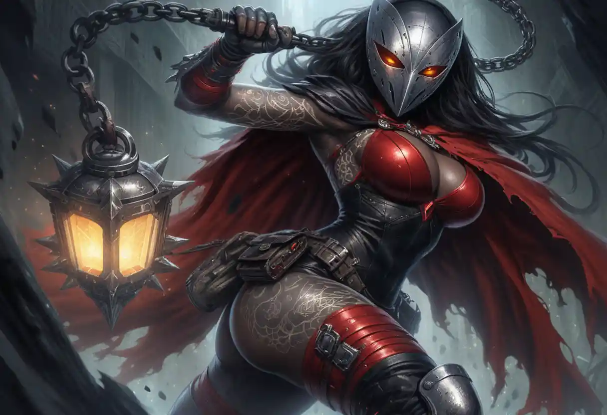 Masked warrior woman leaping with spiked lantern flail