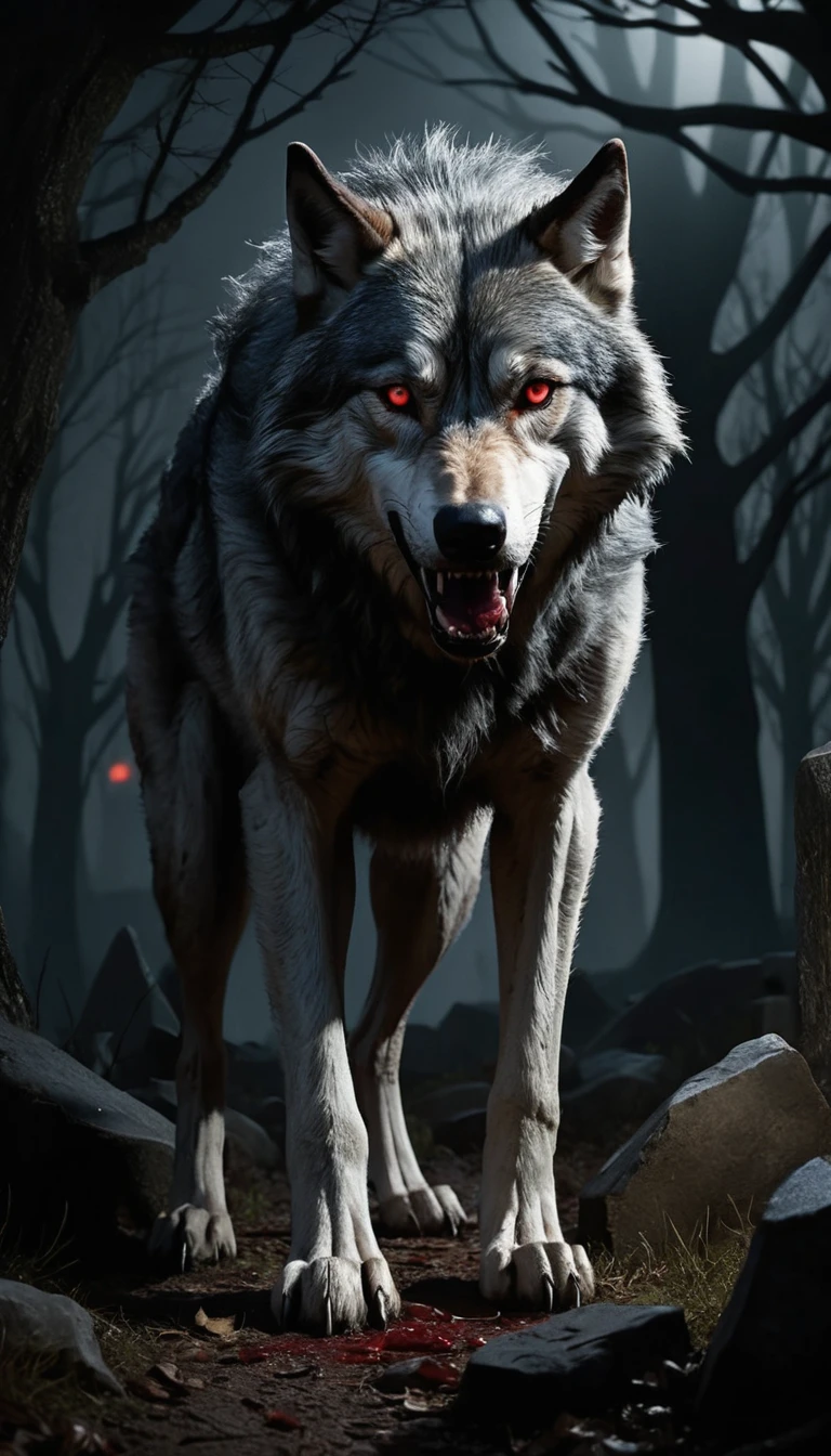 Monstruo parecido a un lobo de ojos ensangrentados en un cementerio nocturno