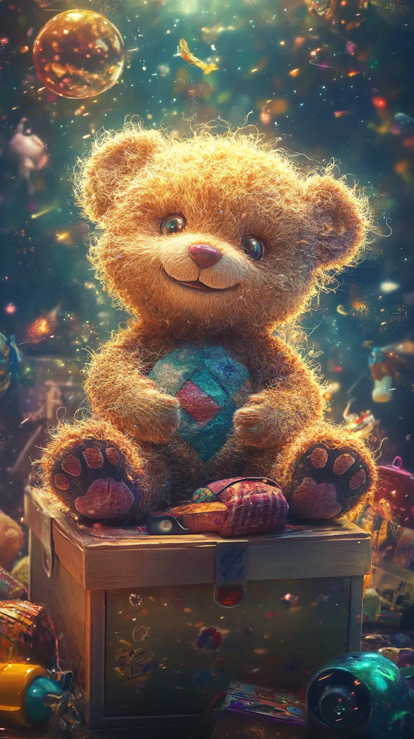 Cheerful Old Teddy Bear Sitting On A Toy Box