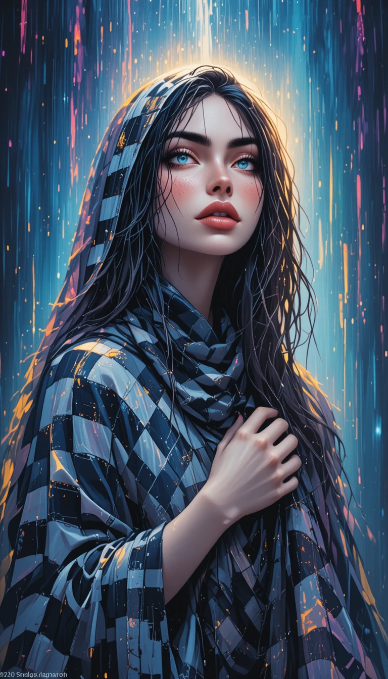 Young woman in keffiyeh looking up through colorful rain