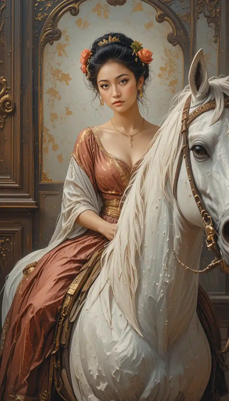 Elegant woman on white horse in romantic oil painting