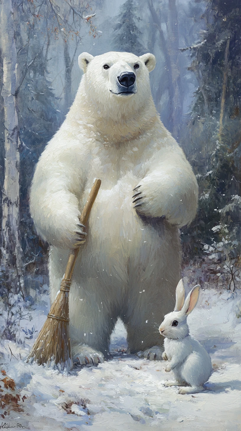 Oso polar barriendo nieve junto a un conejo en un bosque invernal