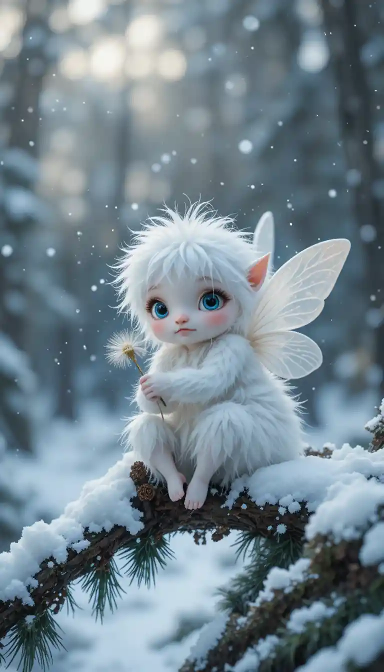 Cute white fairy on snowy pine branch at dusk