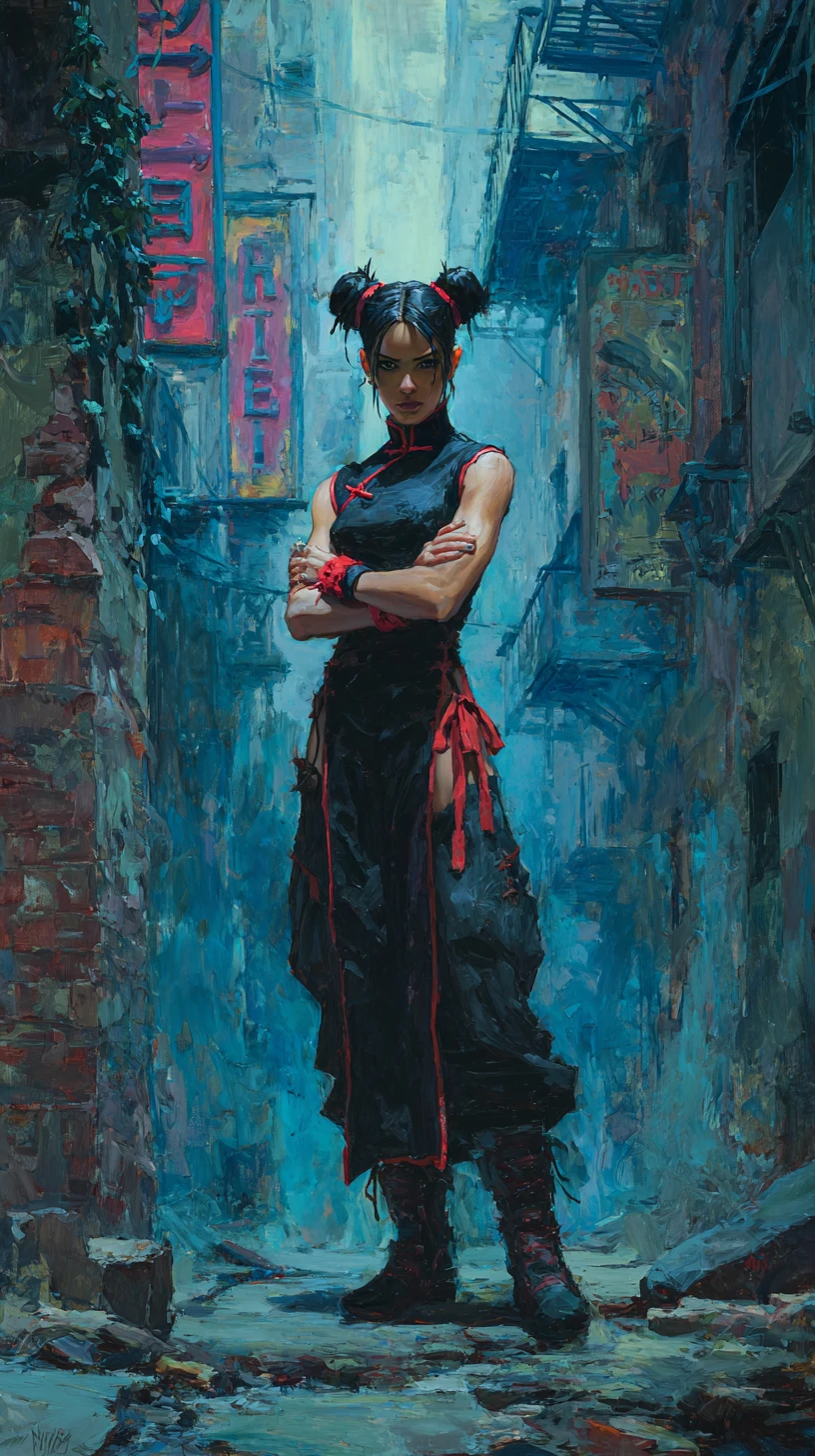Brooding female warrior in a rain soaked urban alley