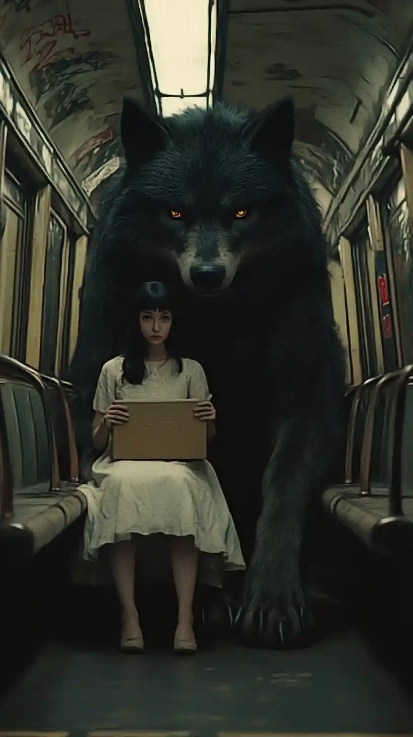 Thoughtful girl with wolf in a gloomy subway car