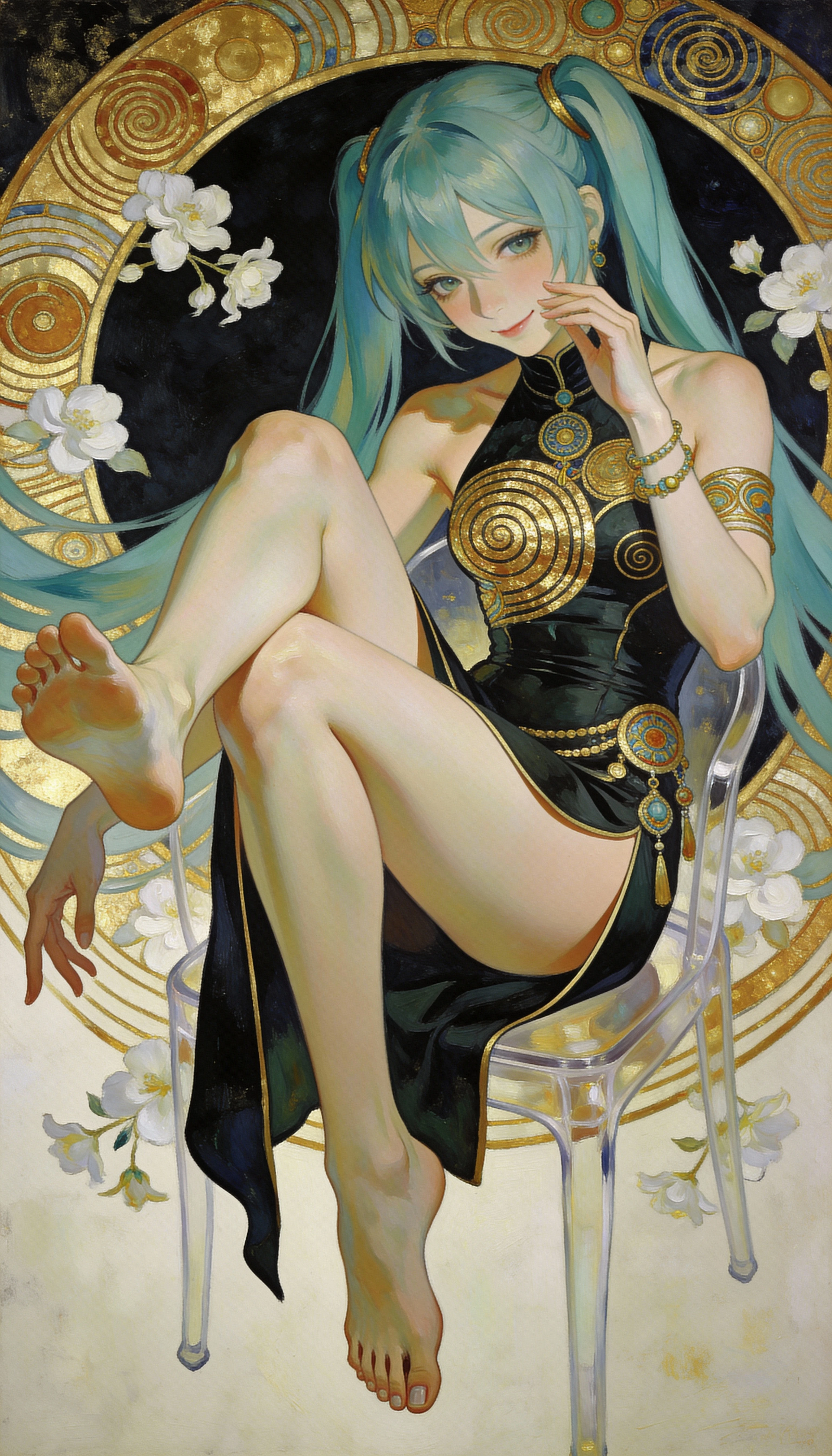 Schwebende Anime-Frau in elegantem dunklem Kleid und goldenen Wirbeln
