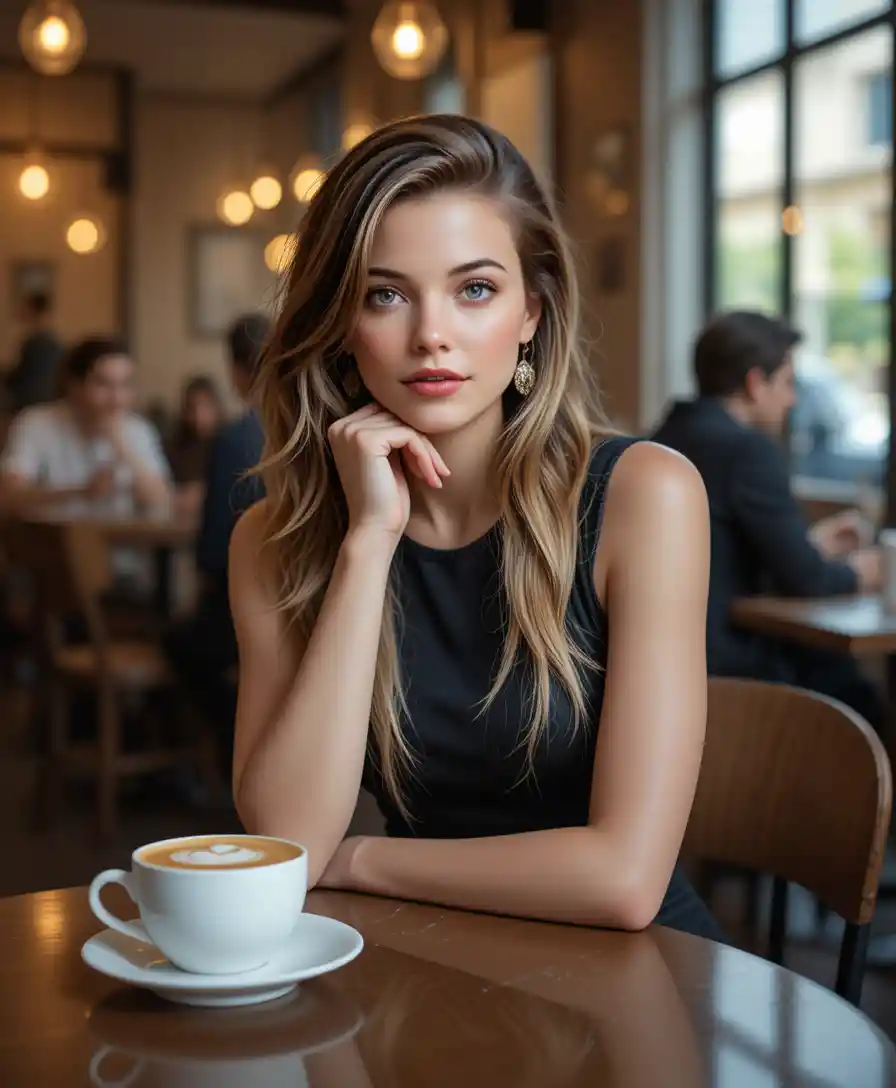 Blonde Frau im schwarzen Kleid sitzt an einem gemütlichen Cafétisch