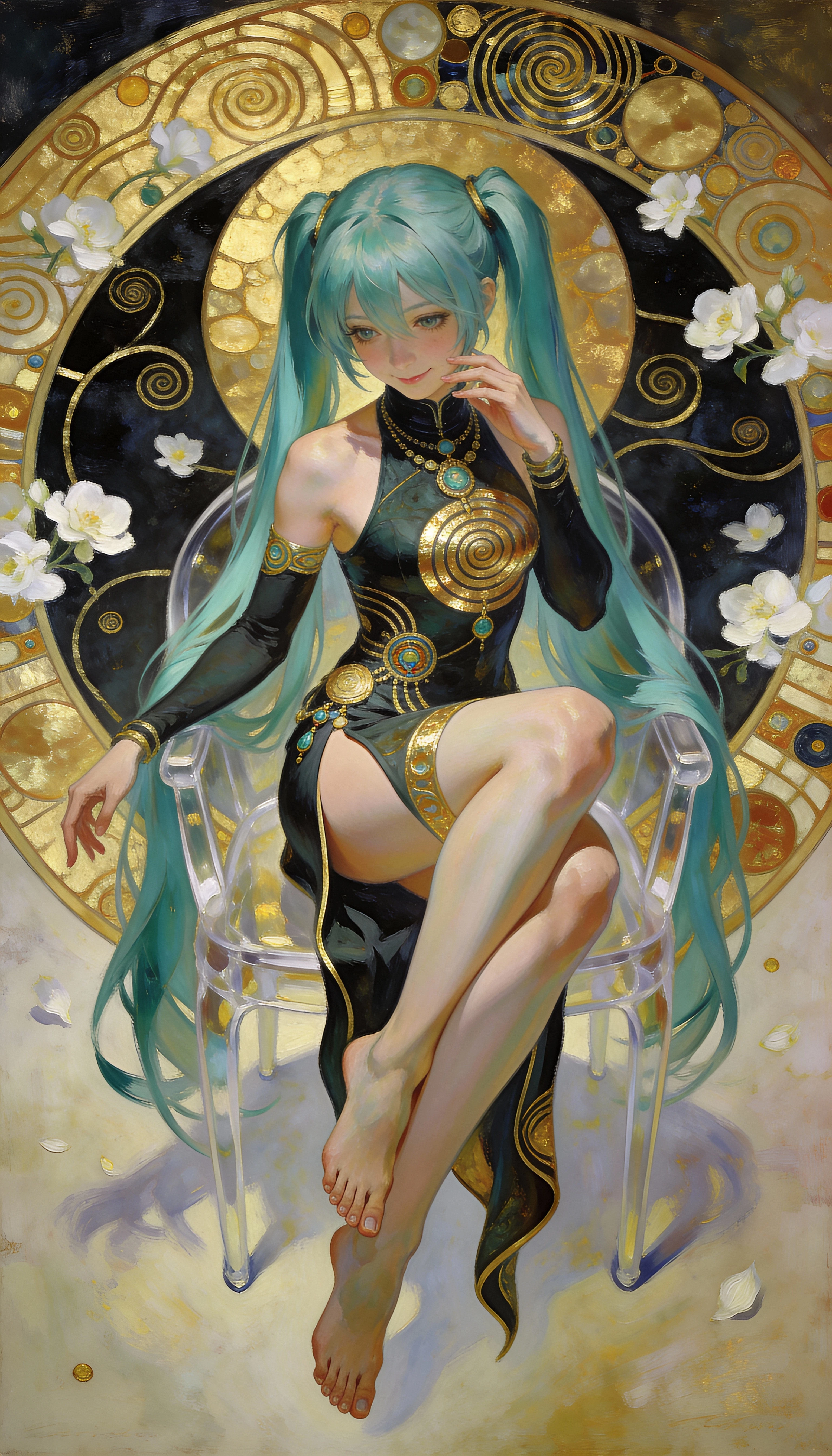 Shy anime girl floating in elegant golden art nouveau scene