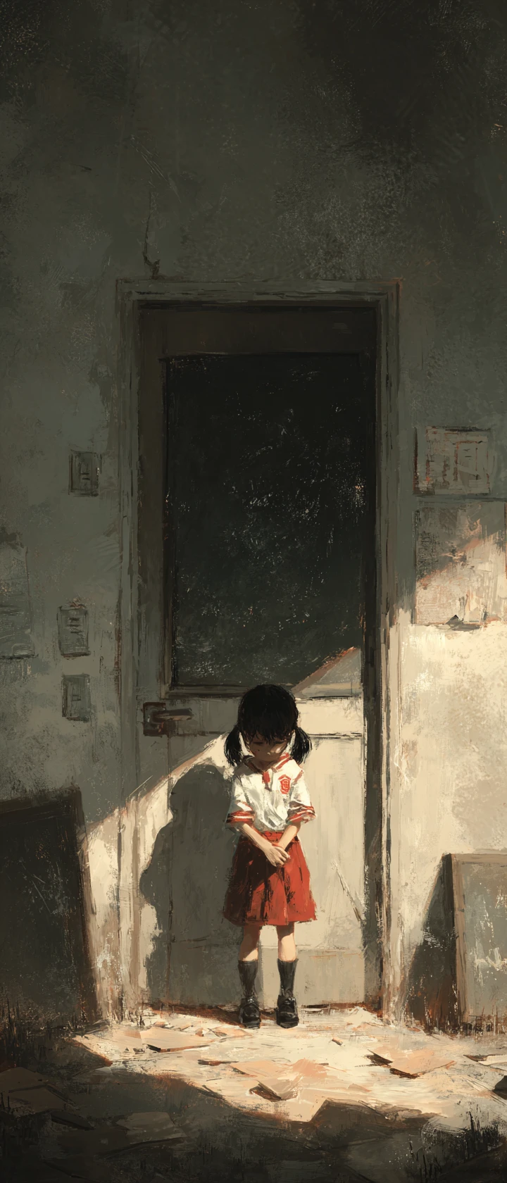 Crying girl clutching red crayon in shadowy classroom doorway
