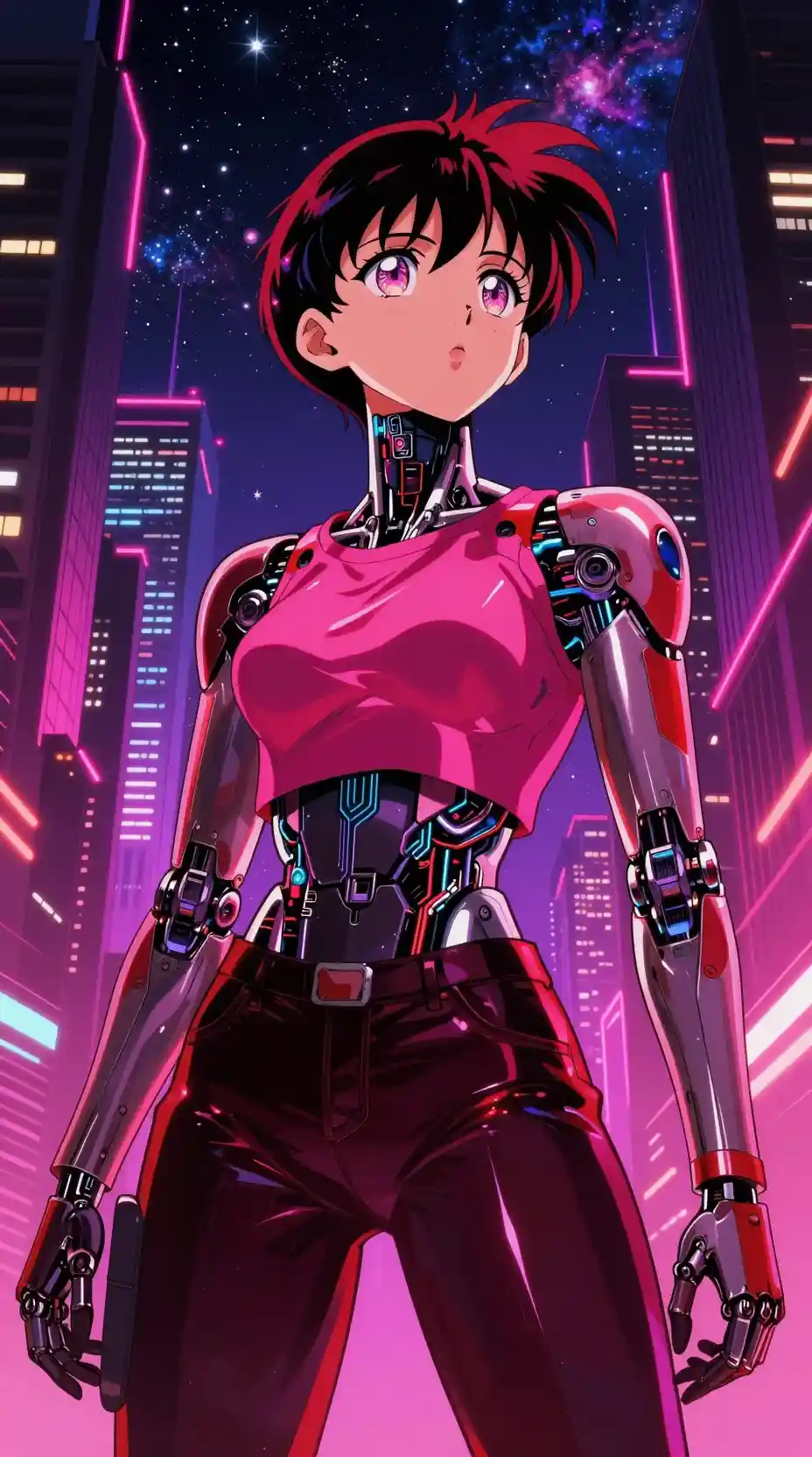 Android hero under neon skies in cyberpunk city street