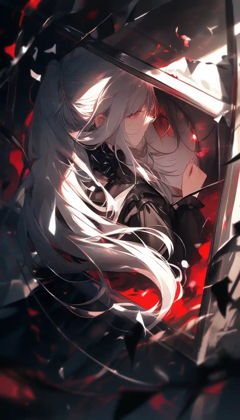 White haired girl watching distant destruction through a window
