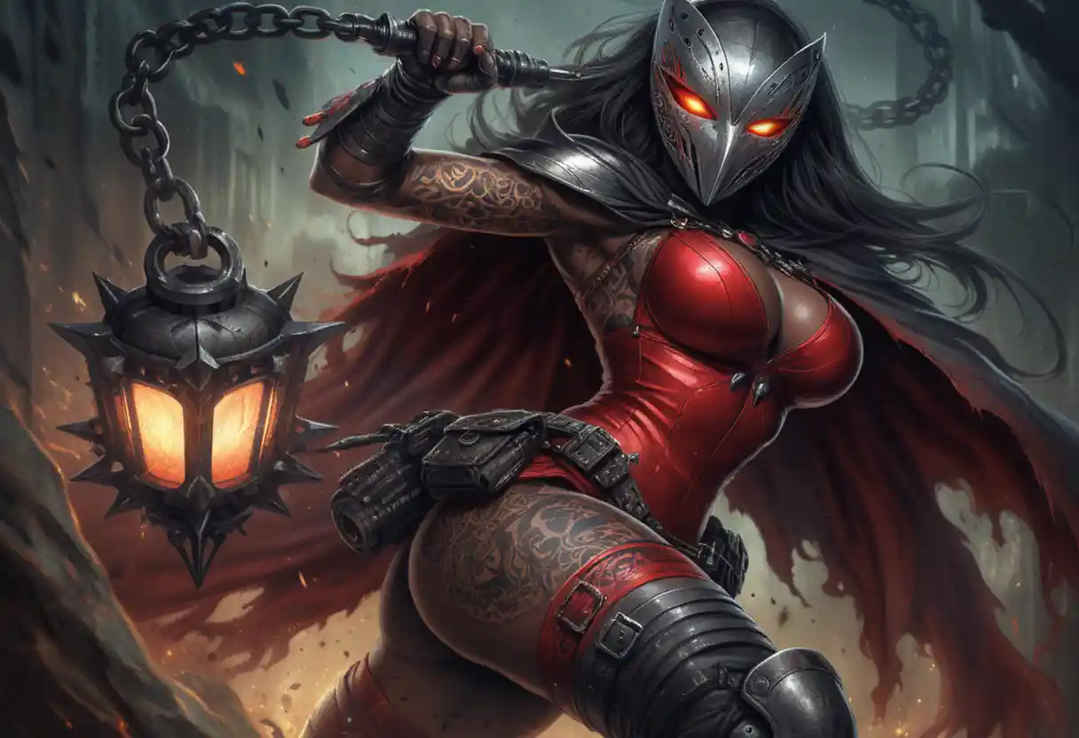 Cartoon warrior woman in chrome mask leaping with flail