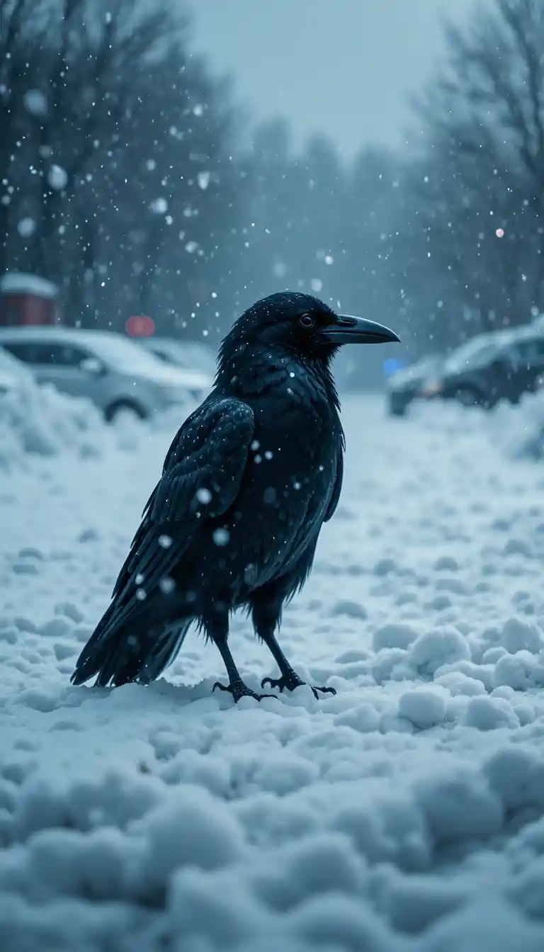 Raven Standing On Snowy Parking Lot In Heavy Winter Snowfall