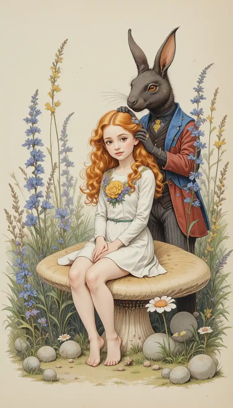 Red haired fairy on mushroom with gentleman salamander barber