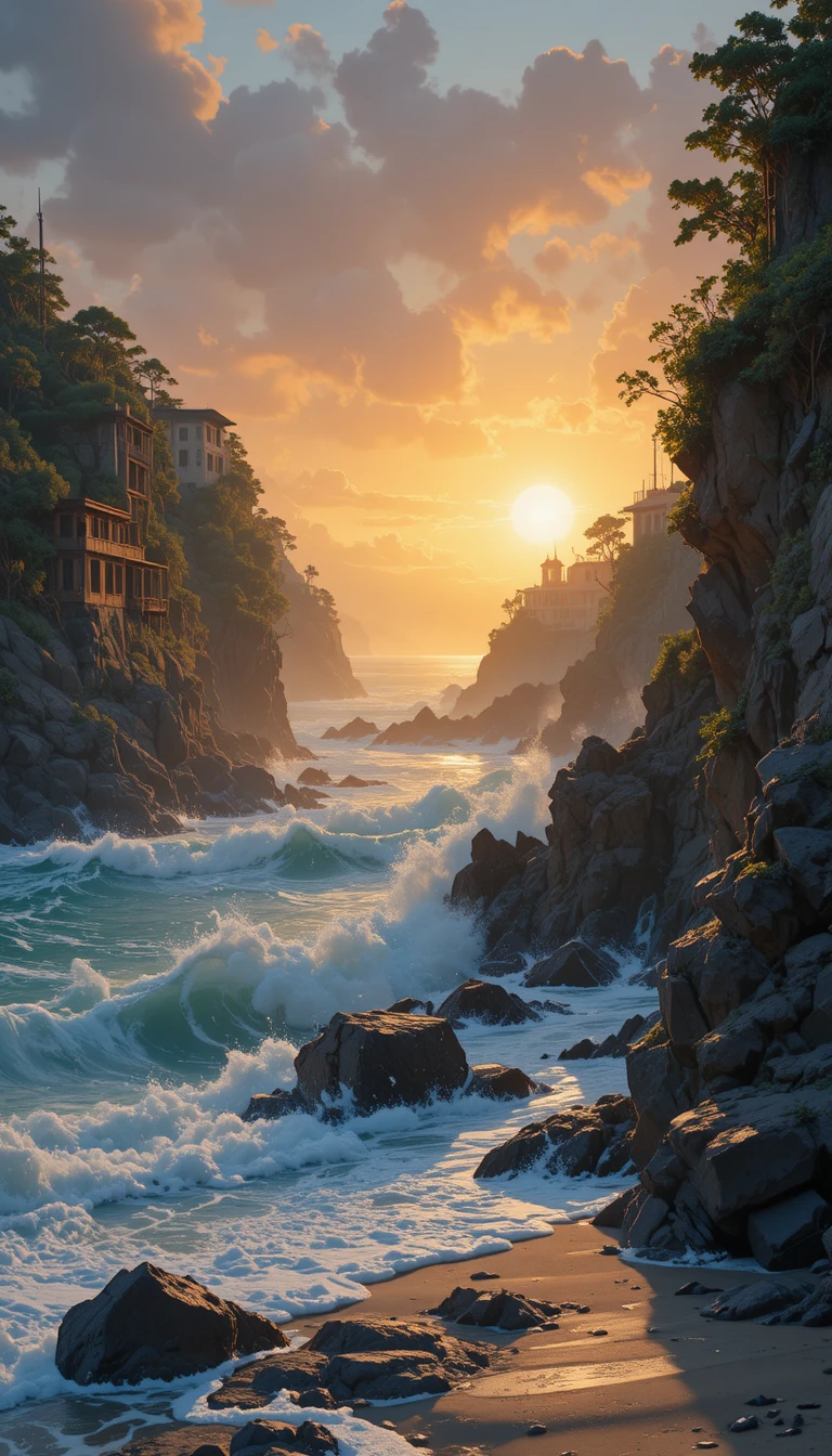 夕陽下的崎嶇海岸峭壁與海浪與遺跡