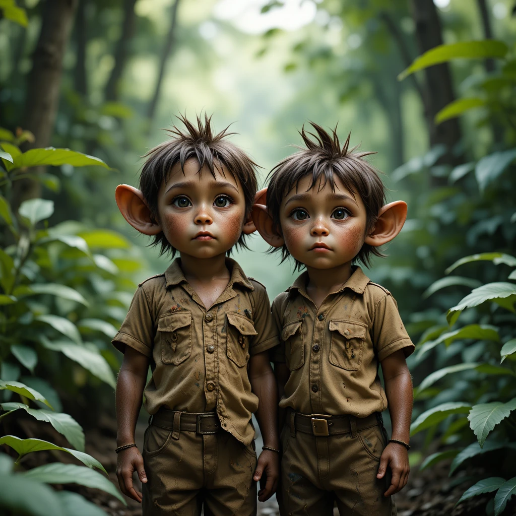 Dos monos jóvenes con ropa rota en una jungla verde
