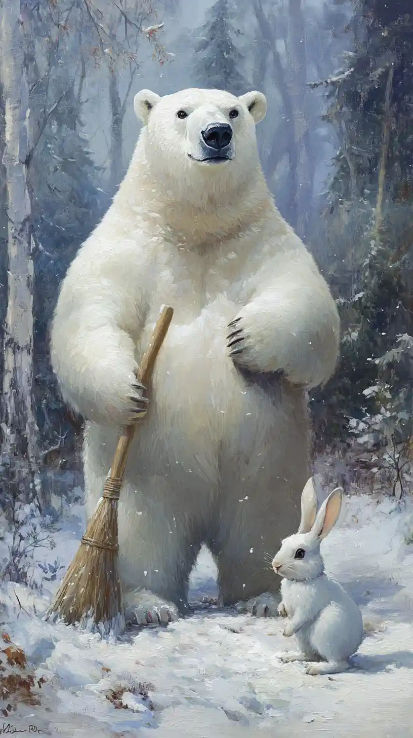 Oso polar barriendo nieve junto a un conejo en un bosque invernal